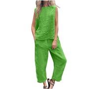 HAOLEI Two Piece Outfit Women Going Out Cotton Linen Co Ord Sets UK Sale,Summer Elegant Two Piece Outfits Wedding Ladies Tracksuit Casual Beach Sleeveless Tank Top with High Waist Wide Leg Trousers