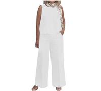 HAOLEI Two Piece Outfit Women Going Out Cotton Linen Co Ord Sets UK,Summer Elegant Two Piece Outfits Wedding Ladies Tracksuit Casual Beach Sleeveless Tank Top with High Waist Wide Leg Trousers
