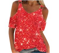 HAOLEI UK Clearance Cold Shoulder Tops for Women UK Elegant Sexy Floral Dressy Top Summer Off The Shoulder T-Shirt V-Neck Short Sleeve Tee Shirts Cute Vintage Print Boho Going Out Blouse Tunic