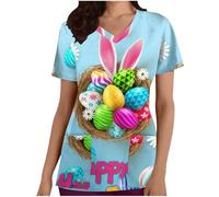 HAOLEI Uniform Beauty Healthcare Spa Salon Scrub Tops Women UK Clearance Easter Day T Shirts Short Sleeve V Neck Tshirts Casual Shirts Work Top Ladies Blouses with Pocket