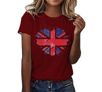 HAOLEI Union Jack T Shirt Women UK Clearance, Ladies Union Jack Tops Crewneck Short Sleeve Blouse Slim Fit Union Jack Flags Printed Casual Graphic Tee Sunflower Summer Tops Size 8-16, #05 Wine