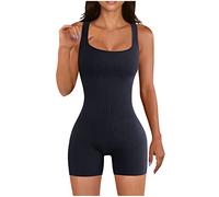 HAOLEI Unitards for Women,Ribbed Jumpsuit Ladies Sleeveless Square Neck One Piece Rompers Boyleg Sports Athletic Playsuits Tummy Control Gym Bodycon Bodysuit Onesies Yoga Tanks Black Unitard UK