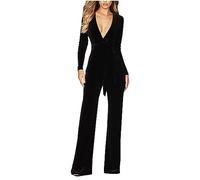 HAOLEI Velvet Jumpsuits for Women UK Elegant V Neck Playsuits Long Sleeve High Waist Romper Velour Belted Dungarees Petite Overalls Wedding Party Clubbing Jumpsuit
