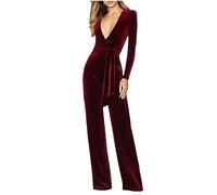 HAOLEI Velvet Jumpsuits for Women UK Elegant V Neck Playsuits Long Sleeve High Waist Romper Velour Belted Dungarees Petite Overalls Wedding Party Clubbing Jumpsuit