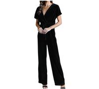 HAOLEI Velvet Playsuit for Women Elegant V Neck Romper Wide Lge Short Sleeve Jumpsuit High Waist Belted Dungarees Velour Petite Overalls Wedding Party Clubbing Jumpsuits