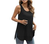 HAOLEI Vest Tops Women UK,Ladies Tank Tops UK Clearance Side Split Long Shirts Sleeveless Crew Neck Loose Fit Gym Sports Longline Tunic Tops Camisoles Blouses Basic Tee Summer Cami Tops