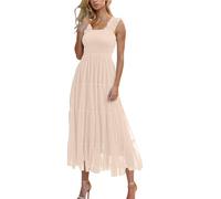 HAOLEI Wedding Guest Dresses for Women UK Elegant,Midi Tulle Dress Ladies Summer Spaghetti Strap Prom Dress Smocked Square Neck Ruffle Tiered A-Line Flowy Party Wedding Guest Sundress UK Sale