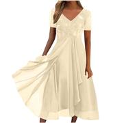 HAOLEI Wedding Guest Dresses for Women UK Petite,Ladies Lace Chiffon Dresses Today Sexy V Neck Short Sleeve Elegant Knee Length Midi Dress Evening Party Special Occasions Prom Dresses Beige