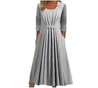 HAOLEI Wedding Guest Dresses for Women UK Petite,Ladies Maxi Dresses Clearance Pockets Long Sleeve Prom Dresses Elegant Button Pleated Evening Party Special Occasions Long Dresses with Pockets Gray