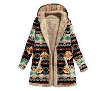 HAOLEI Women Coat UK Clearance 2023 Plus Size Vintage Print Long Padded Coat Hooded Color Block Mid-Length Warm Quilted Cotton Hoody Jacket Ladies Winter Coat UK Size 8-20