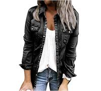 HAOLEI Women Denim Jacket Button Up Ruffle Jean Jacket Solid Long Sleeve Lapel Collar Shirt Jacket with Pockets UK Size 8-16