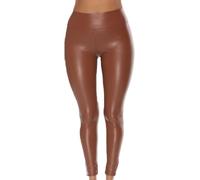 HAOLEI Women Faux Leather Leggings Wet Look Sexy High Waisted PU Leather Trousers Push Up Pants Stylish Skinny Slim Fit Leggings Brown