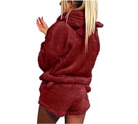 HAOLEI Women Fleece Pyjamas Set Fluffy Soft Hooded Twosie Pyjama Sets Teddy Bear Shorts Pjs Sherpa Loungewear Winter Warm Cosy Nightwear Comfort Loose Fit 2 Piece Outfit with Ear Pockets Ladies