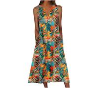 HAOLEI Women Floral Maxi Dress with Pockets Plus Size,Ladies Summer Dresses UK Clearance Elegant Sleeveless Vintage Printed Loose Beach Long Dresses V Neck Bohemian Holiday Shirt Dresses S-5XL