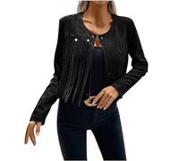 HAOLEI Women Fringe Faux Suede Leather Jackets Fall Winter Long Sleeve Lapel Fashion Tassel Motorcycle Cropped Coats Ladies Velvet Tassel Jacket Trim Button Down Cardigan