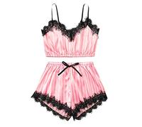 HAOLEI Women Lace Pajama Set Sexy V Neck Cami Top Sleepwear Sling Sleeveless Crop Tank Tops and Shorts Lingeries Set Ladies PJ Nightwear Silk Pyjamas Set Naughty 2 Piece Soft Babydoll Lingerie Set