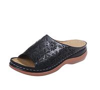 HAOLEI Women Orthopedic Sandals Sale Clearance Summer Slippers Flat Leather Sliders Low Wedge Open Toe Mules Breathable Casual Floral Roman Shoes UK Size 3-7.5