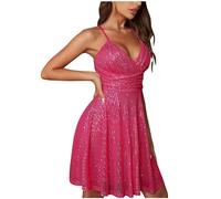 HAOLEI Women Sequin Dress Sparkly Glitter V Neck Cami Dresses Sparkle Party Disco Club Dress Formal Cocktail Clubwear Casual Evening Mini Dresses Ladies Hot Pink