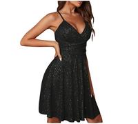 HAOLEI Women Sequin Dress Sparkly Glitter V Neck Cami Dresses Sparkle Party Disco Club Dress Formal Cocktail Clubwear Casual Evening Mini Dresses Ladies Black