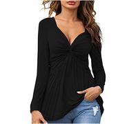 HAOLEI Women Shirts and Blouse 2022 UK Long Sleeve Tops Strappy Gradient Tops Classic Plain Tee Shirt V Neck Oversized Shirts Ladies 2022 Blouse Autumn Dressy Tops Black M