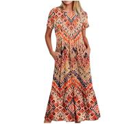 HAOLEI Women Tie Dye Maxi Dress with Pockets Short Sleeve Ladies Summer Dresses UK Clearance Elegant Vintage Printed Loose Fit Beach Long Dresses Crew Neck Bohemian Holiday Tunic Dress