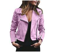 HAOLEI Women Trucker Jacket Faux Suede Utility Biker Jacket Asymmetric Zipper Wrap Cropped Jacket Long Sleeve Bomber Jacket Short Winter Autumn Outwear Flight Top Ladies Pink