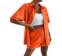 HAOLEI Women Two Piece Outfit Summer Shorts Sets Cotton Linen Elegant Button Shirt and Elastic Shorts with Pockets Co ord Set Ladies 2PCS Tracksuit Beach Lounge Wear Y2K Streetwear UK Sale Clearance