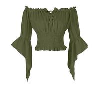 HAOLEI Women Victorian Tops Off Shoulder Ruffle Shirts Elastic Waist Medieval Costumes Renaissance Pirate Trumpet Long Sleeve Peasant Blouses Army Green