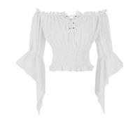 HAOLEI Women Victorian Tops Off Shoulder Ruffle Shirts Elastic Waist Medieval Costumes Renaissance Pirate Trumpet Long Sleeve Peasant Blouses White