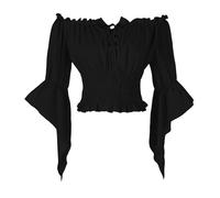HAOLEI Women Victorian Tops Off Shoulder Ruffle Shirts Elastic Waist Medieval Costumes Renaissance Pirate Trumpet Long Sleeve Peasant Blouses Black
