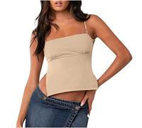HAOLEI Women Y2k Cami Top Spaghetti Strap Cropped Tops Sleeveless Tank Vest Top Square Neck Backless Camisole Sexy Blouse Tshirts for Night Club Party Performance Costume Beige