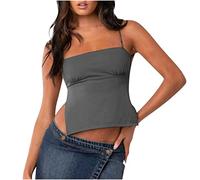 HAOLEI Women Y2k Cami Top Spaghetti Strap Cropped Tops Sleeveless Tank Vest Top Square Neck Backless Camisole Sexy Blouse Tshirts for Night Club Party Performance Costume Dark Gray