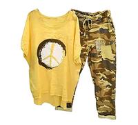 HAOLEI Women's 2 Piece Outfits UK,Ladies Linen Sets Camo Short Sleeve Coord Outfit Lounge Wear Italian Lagenlook Loose Fit T Shirt & Capri Pants Matching Set Tracksuits Summer Clothes