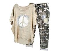 HAOLEI Women's 2 Piece Outfits UK Sale,Ladies Linen Sets Camo Short Sleeve Coord Outfit Lounge Wear Italian Lagenlook Loose Fit T Shirt & Capri Pants Matching Set Tracksuits Summer Clothes