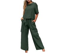 HAOLEI Women's 2 Piece Outfits UK Sale,Ladies Linen Sets Solid Short Sleeve Coord Outfit Lounge Wear Italian Lagenlook Loose Fit Crop Top & Wide Leg Pants Matching Set Tracksuits Summer Clothes