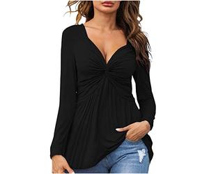 HAOLEI Women's Blouses & Shirts Casual Long Sleeve Tops Zip Up Twisted Beach T Shirt Graphic T Shirt Leisure Curved Hem Ladies 2022 Blouse Autumn Dressy Tops Black L