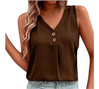 HAOLEI Womens Chiffon Tank Tops Pleated V Neck Button Sleeveless Summer Shirts Blouse Loose Casual Vest Tops Ladies Elegant Business Work Blouse UK Size S-XXL Brown