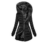 HAOLEI Womens Coats Fleece Lined Hooded Jacket Quilted Ladies Parka Coat Mid Length Zipper Outwear Tops Plain Cotton Thick Warm Padded Winter Coat UK Size 8-16, Black, M