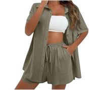HAOLEI Women's Cotton and Linen Shorts Set Going Out 2 Piece Co Ord Sets Casual Loose Short Sleeve Button Shirts Elastic Waist Beach Travel Outfit Ladies Tracksuit Shirt Sets UK Sale Clearance