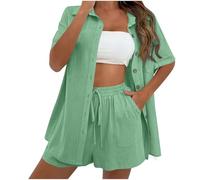 HAOLEI Women's Cotton and Linen Shorts Set Going Out 2 Piece Co Ord Sets Casual Loose Short Sleeve Button Shirts Elastic Waist Beach Travel Outfit Ladies Tracksuit Shirt Sets UK Clearance