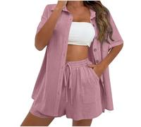 HAOLEI Women's Cotton and Linen Shorts Set Going Out 2 Piece Co Ord Sets Casual Loose Short Sleeve Button Shirts Elastic Waist Beach Travel Outfit Ladies Tracksuit Shirt Sets UK Clearance