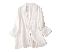 HAOLEI Women's Cotton Linen Blazer Long Sleeves Loose Fit Basic Jacket Business Casual Lightweight Summer Blazers Solid Color Work Coat Elegant Blazer with 1 Button Pockets White