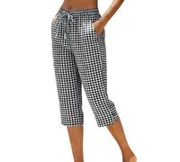 HAOLEI Women's Cotton Linen Gingham Capri Pants, Elastic Drawstring Waist Loose Straight Leg Cropped Trousers with Side Pockets and Split Hem
