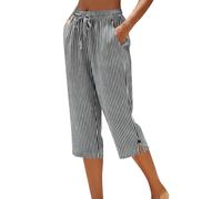 HAOLEI Women's Cotton Linen Gingham Capri Pants, Elastic Drawstring Waist Loose Straight Leg Cropped Trousers with Side Pockets and Split Hem