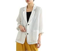 HAOLEI Women's Elegant Cotton Linen Blazer Long Sleeves Regular Fit Basic Jacket Business Casual Lightweight Summer Blazers Solid Color Work Coat Blazer with 2 Button Pockets White