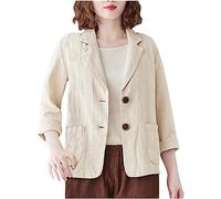 HAOLEI Women's Elegant Cotton Linen Blazer Long Sleeves Regular Fit Basic Jacket Business Casual Lightweight Summer Blazers Solid Color Work Coat Blazer with 2 Button Pockets Beige