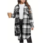 HAOLEI Women's Flannel Jacket Long Plaid Tartan Check Shirts Winter Shacket Coat Long Sleeve Button Down Outdoor Longline Trench Coat Autumn Winter Outfits Lumberjack Jacket Size 8-16