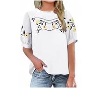 HAOLEI Women's Italian Linen Tunic Top Plus Size Crew Neck Short Sleeve Boho Embroidered Floral T-Shirt Casual Loose Cotton Lagenlook Shirts UK Fashion Oversized Tops Sale Clearance