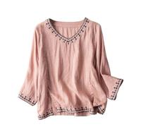 HAOLEI Women's Italian Linen Tunic Tops UK Plus Size Elegant V Neck 3/4 Sleeve Ethnic Boho Embroidery T-Shirt Casual Loose Cotton Lagenlook Shirts Oversized Going Out Blouses Clearance Pink