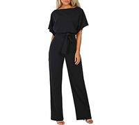 HAOLEI Women's Jumpsuits & Playsuits UK Elegant Loose Fit Boat Neck Jumpsuit Ladies Dungarees Short Sleeve Romper Wide Leg Bib Overalls Clubwear Straight Trousers Pants Playsuit with Belt Party Black